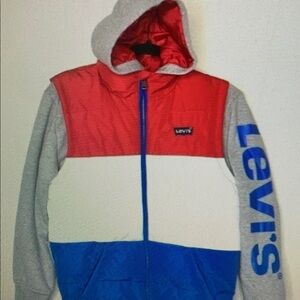 Vibrant Red, White, and Blue Kids Puffer Jacket